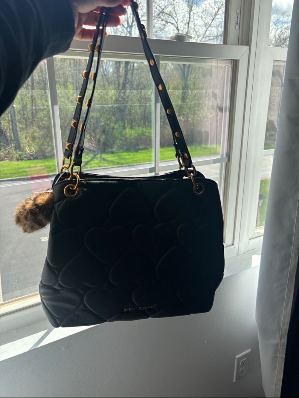 Betsey Johnson Black Quilted Heart Shoulder Bag with Gold Accents